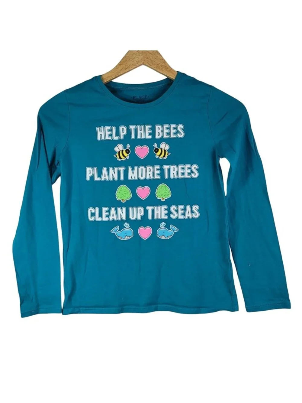 Children's Place Girls Earth Day Top Blue Large Long Sleeve Bees Plant Trees